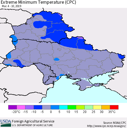 Ukraine, Moldova and Belarus Extreme Minimum Temperature (CPC) Thematic Map For 3/4/2019 - 3/10/2019