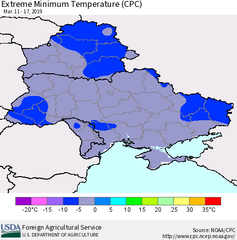 Ukraine, Moldova and Belarus Minimum Daily Temperature (CPC) Thematic Map For 3/11/2019 - 3/17/2019