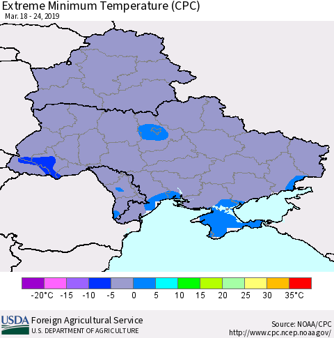 Ukraine, Moldova and Belarus Extreme Minimum Temperature (CPC) Thematic Map For 3/18/2019 - 3/24/2019