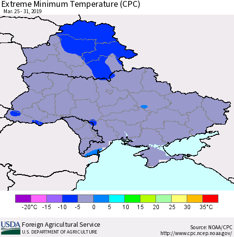 Ukraine, Moldova and Belarus Extreme Minimum Temperature (CPC) Thematic Map For 3/25/2019 - 3/31/2019