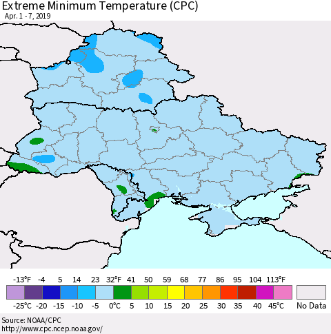 Ukraine, Moldova and Belarus Minimum Daily Temperature (CPC) Thematic Map For 4/1/2019 - 4/7/2019