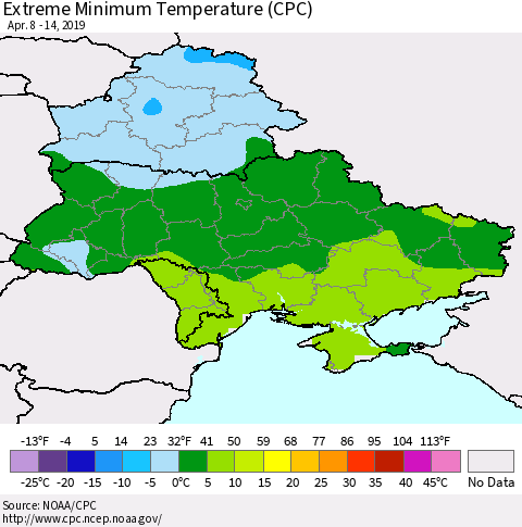 Ukraine, Moldova and Belarus Minimum Daily Temperature (CPC) Thematic Map For 4/8/2019 - 4/14/2019