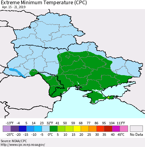 Ukraine, Moldova and Belarus Extreme Minimum Temperature (CPC) Thematic Map For 4/15/2019 - 4/21/2019