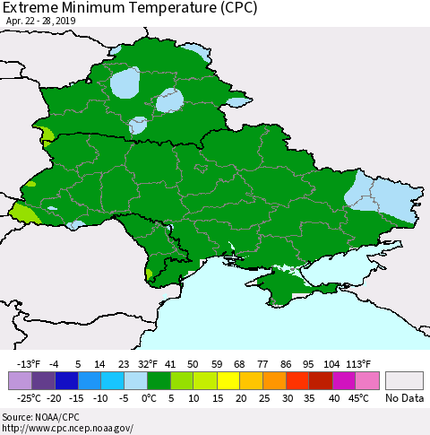 Ukraine, Moldova and Belarus Extreme Minimum Temperature (CPC) Thematic Map For 4/22/2019 - 4/28/2019