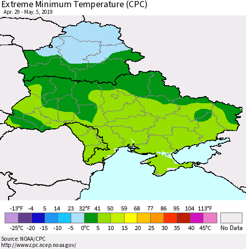 Ukraine, Moldova and Belarus Minimum Daily Temperature (CPC) Thematic Map For 4/29/2019 - 5/5/2019