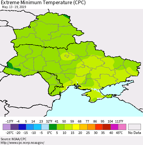 Ukraine, Moldova and Belarus Extreme Minimum Temperature (CPC) Thematic Map For 5/13/2019 - 5/19/2019