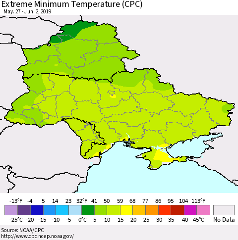 Ukraine, Moldova and Belarus Extreme Minimum Temperature (CPC) Thematic Map For 5/27/2019 - 6/2/2019