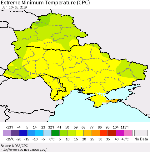 Ukraine, Moldova and Belarus Minimum Daily Temperature (CPC) Thematic Map For 6/10/2019 - 6/16/2019