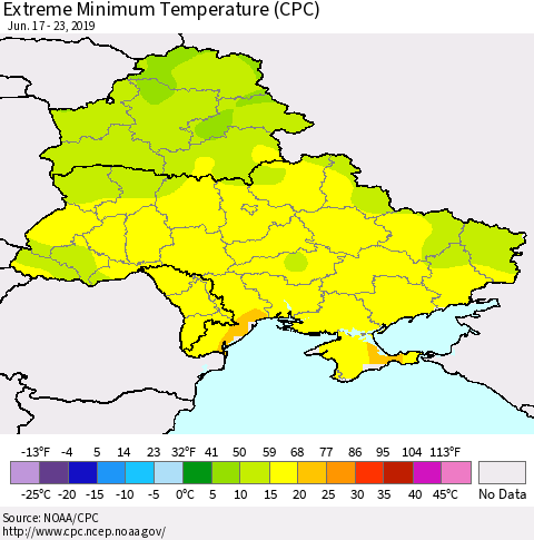 Ukraine, Moldova and Belarus Extreme Minimum Temperature (CPC) Thematic Map For 6/17/2019 - 6/23/2019
