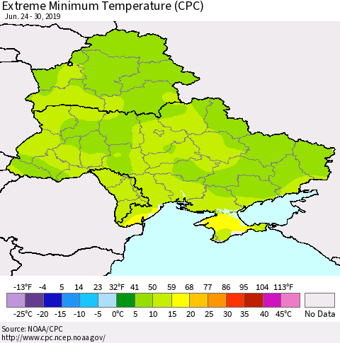 Ukraine, Moldova and Belarus Extreme Minimum Temperature (CPC) Thematic Map For 6/24/2019 - 6/30/2019