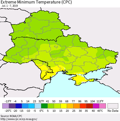 Ukraine, Moldova and Belarus Minimum Daily Temperature (CPC) Thematic Map For 7/1/2019 - 7/7/2019