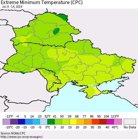 Ukraine, Moldova and Belarus Extreme Minimum Temperature (CPC) Thematic Map For 7/8/2019 - 7/14/2019