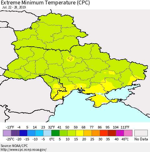 Ukraine, Moldova and Belarus Extreme Minimum Temperature (CPC) Thematic Map For 7/22/2019 - 7/28/2019