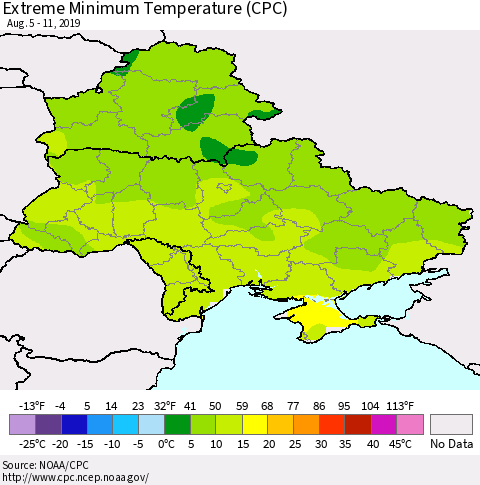 Ukraine, Moldova and Belarus Extreme Minimum Temperature (CPC) Thematic Map For 8/5/2019 - 8/11/2019