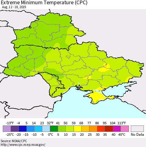 Ukraine, Moldova and Belarus Extreme Minimum Temperature (CPC) Thematic Map For 8/12/2019 - 8/18/2019