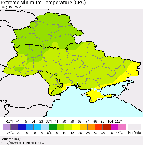 Ukraine, Moldova and Belarus Minimum Daily Temperature (CPC) Thematic Map For 8/19/2019 - 8/25/2019