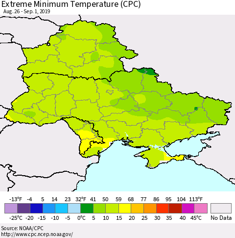 Ukraine, Moldova and Belarus Extreme Minimum Temperature (CPC) Thematic Map For 8/26/2019 - 9/1/2019