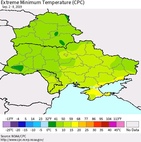 Ukraine, Moldova and Belarus Extreme Minimum Temperature (CPC) Thematic Map For 9/2/2019 - 9/8/2019