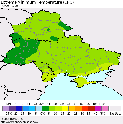 Ukraine, Moldova and Belarus Extreme Minimum Temperature (CPC) Thematic Map For 9/9/2019 - 9/15/2019