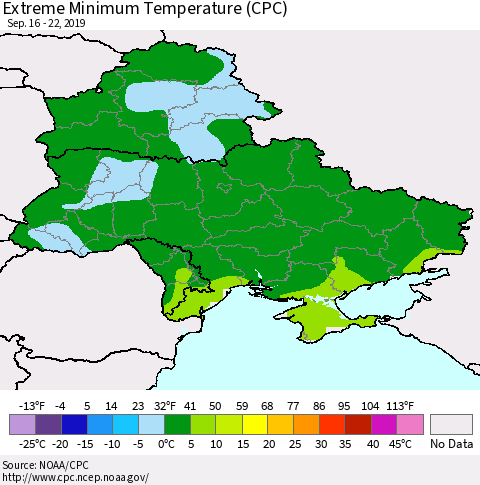 Ukraine, Moldova and Belarus Extreme Minimum Temperature (CPC) Thematic Map For 9/16/2019 - 9/22/2019