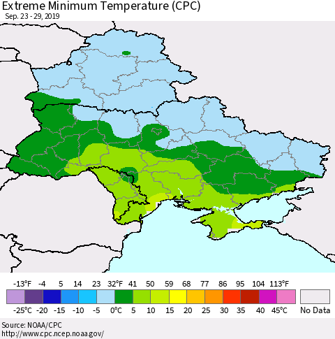 Ukraine, Moldova and Belarus Minimum Daily Temperature (CPC) Thematic Map For 9/23/2019 - 9/29/2019