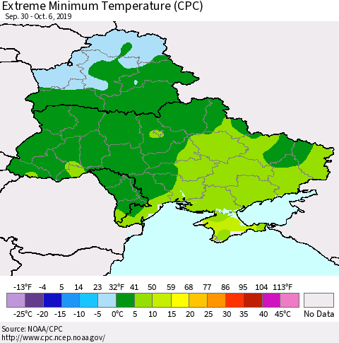 Ukraine, Moldova and Belarus Minimum Daily Temperature (CPC) Thematic Map For 9/30/2019 - 10/6/2019