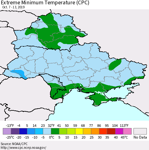 Ukraine, Moldova and Belarus Extreme Minimum Temperature (CPC) Thematic Map For 10/7/2019 - 10/13/2019