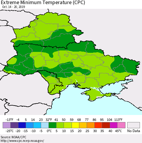Ukraine, Moldova and Belarus Extreme Minimum Temperature (CPC) Thematic Map For 10/14/2019 - 10/20/2019