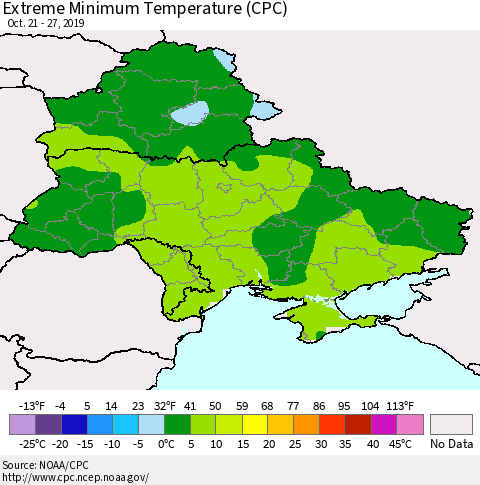 Ukraine, Moldova and Belarus Extreme Minimum Temperature (CPC) Thematic Map For 10/21/2019 - 10/27/2019