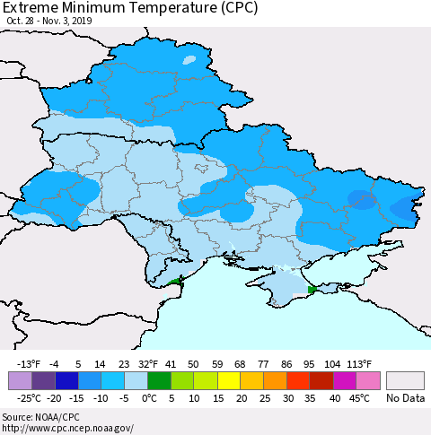 Ukraine, Moldova and Belarus Extreme Minimum Temperature (CPC) Thematic Map For 10/28/2019 - 11/3/2019