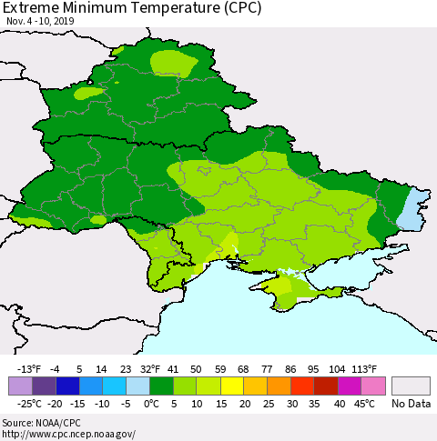 Ukraine, Moldova and Belarus Minimum Daily Temperature (CPC) Thematic Map For 11/4/2019 - 11/10/2019
