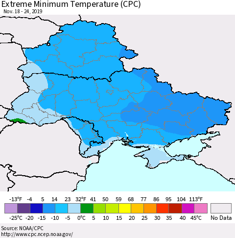 Ukraine, Moldova and Belarus Extreme Minimum Temperature (CPC) Thematic Map For 11/18/2019 - 11/24/2019