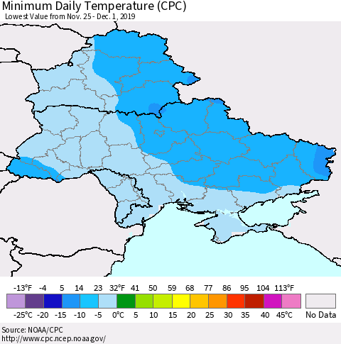 Ukraine, Moldova and Belarus Minimum Daily Temperature (CPC) Thematic Map For 11/25/2019 - 12/1/2019