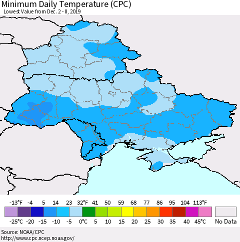 Ukraine, Moldova and Belarus Extreme Minimum Temperature (CPC) Thematic Map For 12/2/2019 - 12/8/2019