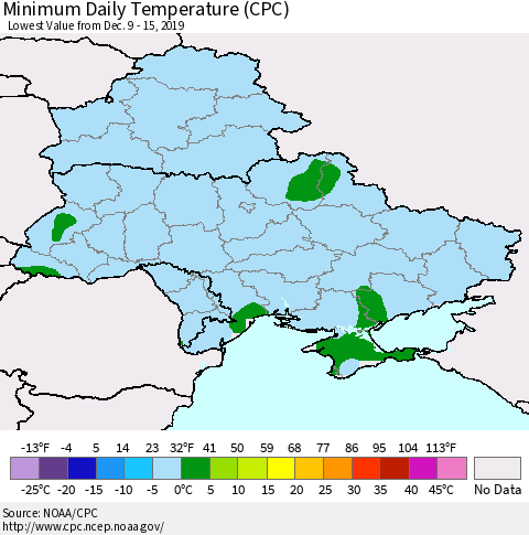 Ukraine, Moldova and Belarus Minimum Daily Temperature (CPC) Thematic Map For 12/9/2019 - 12/15/2019