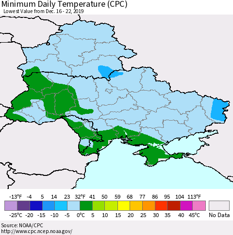 Ukraine, Moldova and Belarus Extreme Minimum Temperature (CPC) Thematic Map For 12/16/2019 - 12/22/2019