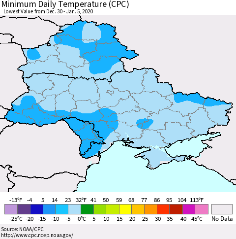 Ukraine, Moldova and Belarus Extreme Minimum Temperature (CPC) Thematic Map For 12/30/2019 - 1/5/2020
