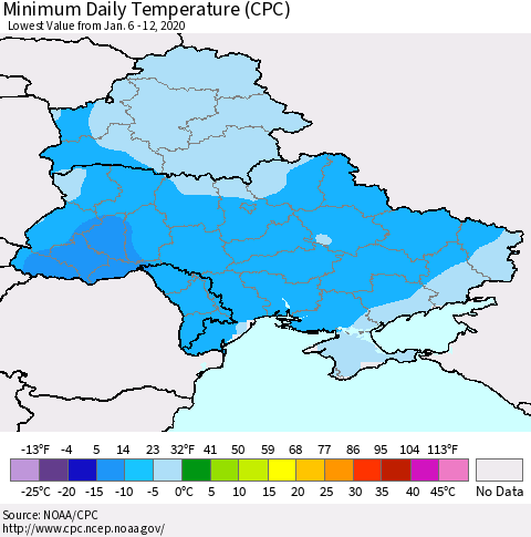 Ukraine, Moldova and Belarus Minimum Daily Temperature (CPC) Thematic Map For 1/6/2020 - 1/12/2020