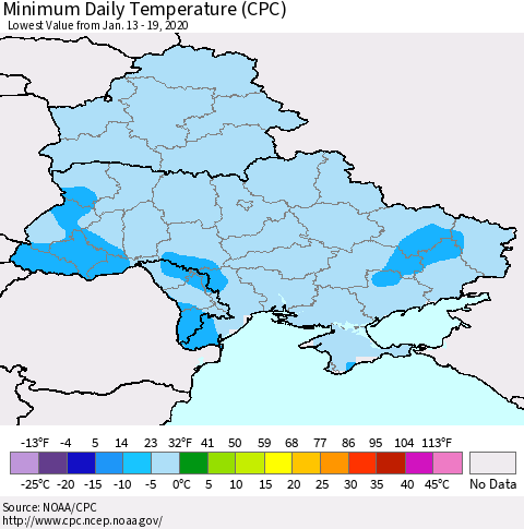 Ukraine, Moldova and Belarus Minimum Daily Temperature (CPC) Thematic Map For 1/13/2020 - 1/19/2020