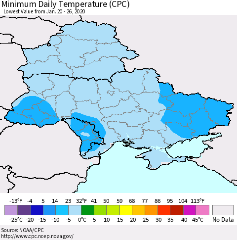 Ukraine, Moldova and Belarus Minimum Daily Temperature (CPC) Thematic Map For 1/20/2020 - 1/26/2020