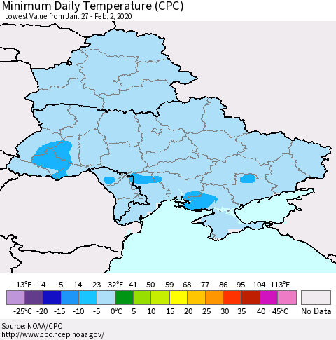 Ukraine, Moldova and Belarus Minimum Daily Temperature (CPC) Thematic Map For 1/27/2020 - 2/2/2020
