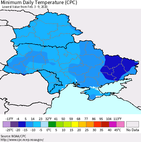 Ukraine, Moldova and Belarus Minimum Daily Temperature (CPC) Thematic Map For 2/3/2020 - 2/9/2020