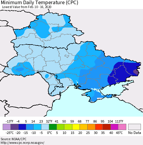 Ukraine, Moldova and Belarus Minimum Daily Temperature (CPC) Thematic Map For 2/10/2020 - 2/16/2020