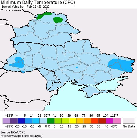 Ukraine, Moldova and Belarus Minimum Daily Temperature (CPC) Thematic Map For 2/17/2020 - 2/23/2020