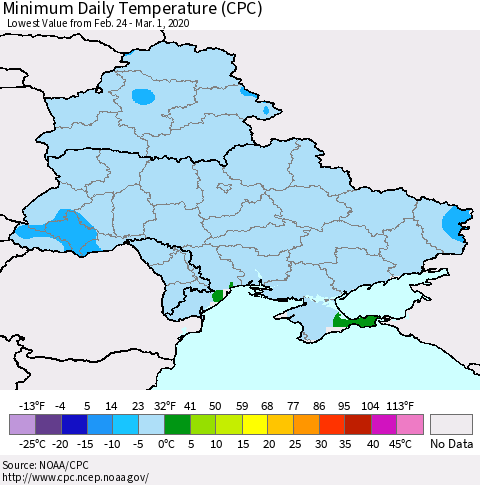 Ukraine, Moldova and Belarus Minimum Daily Temperature (CPC) Thematic Map For 2/24/2020 - 3/1/2020