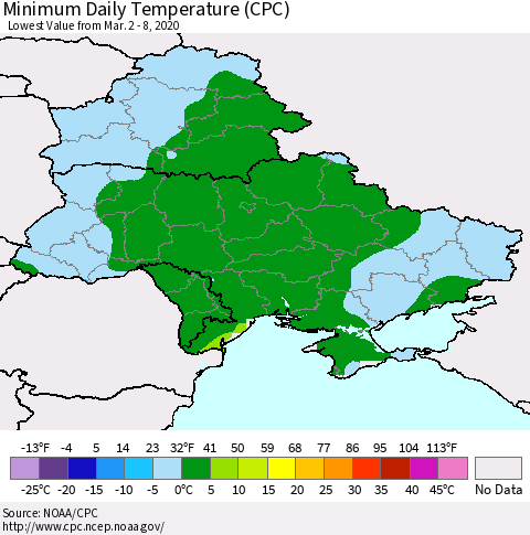 Ukraine, Moldova and Belarus Minimum Daily Temperature (CPC) Thematic Map For 3/2/2020 - 3/8/2020