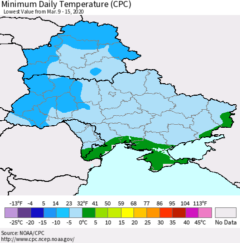 Ukraine, Moldova and Belarus Minimum Daily Temperature (CPC) Thematic Map For 3/9/2020 - 3/15/2020