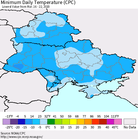 Ukraine, Moldova and Belarus Minimum Daily Temperature (CPC) Thematic Map For 3/16/2020 - 3/22/2020