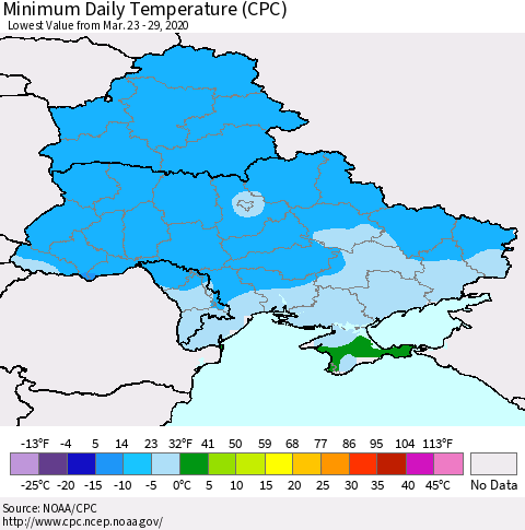 Ukraine, Moldova and Belarus Minimum Daily Temperature (CPC) Thematic Map For 3/23/2020 - 3/29/2020