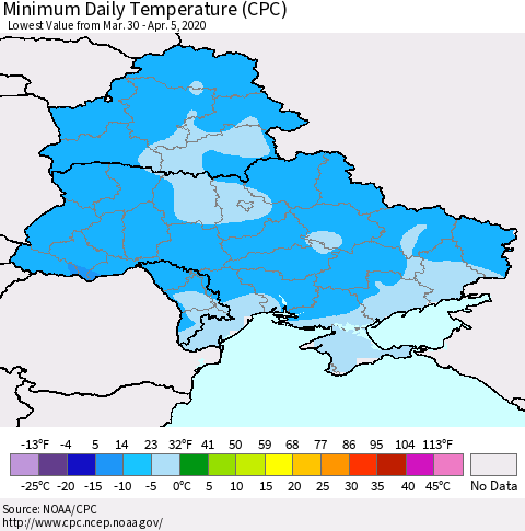 Ukraine, Moldova and Belarus Minimum Daily Temperature (CPC) Thematic Map For 3/30/2020 - 4/5/2020